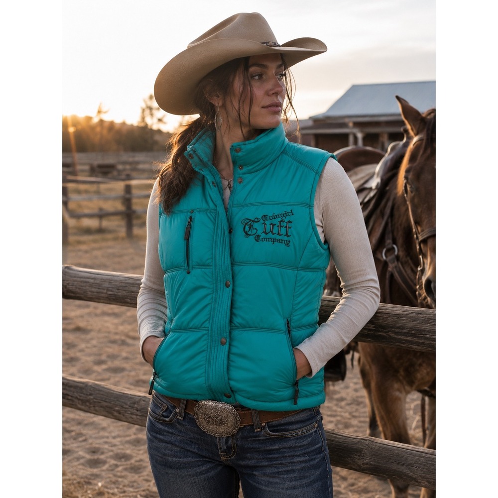 Cowgirl Tuff Co Turquoise‎ Puffer Vest Western Chic Rodeo Ranchwear Snap Zip XL